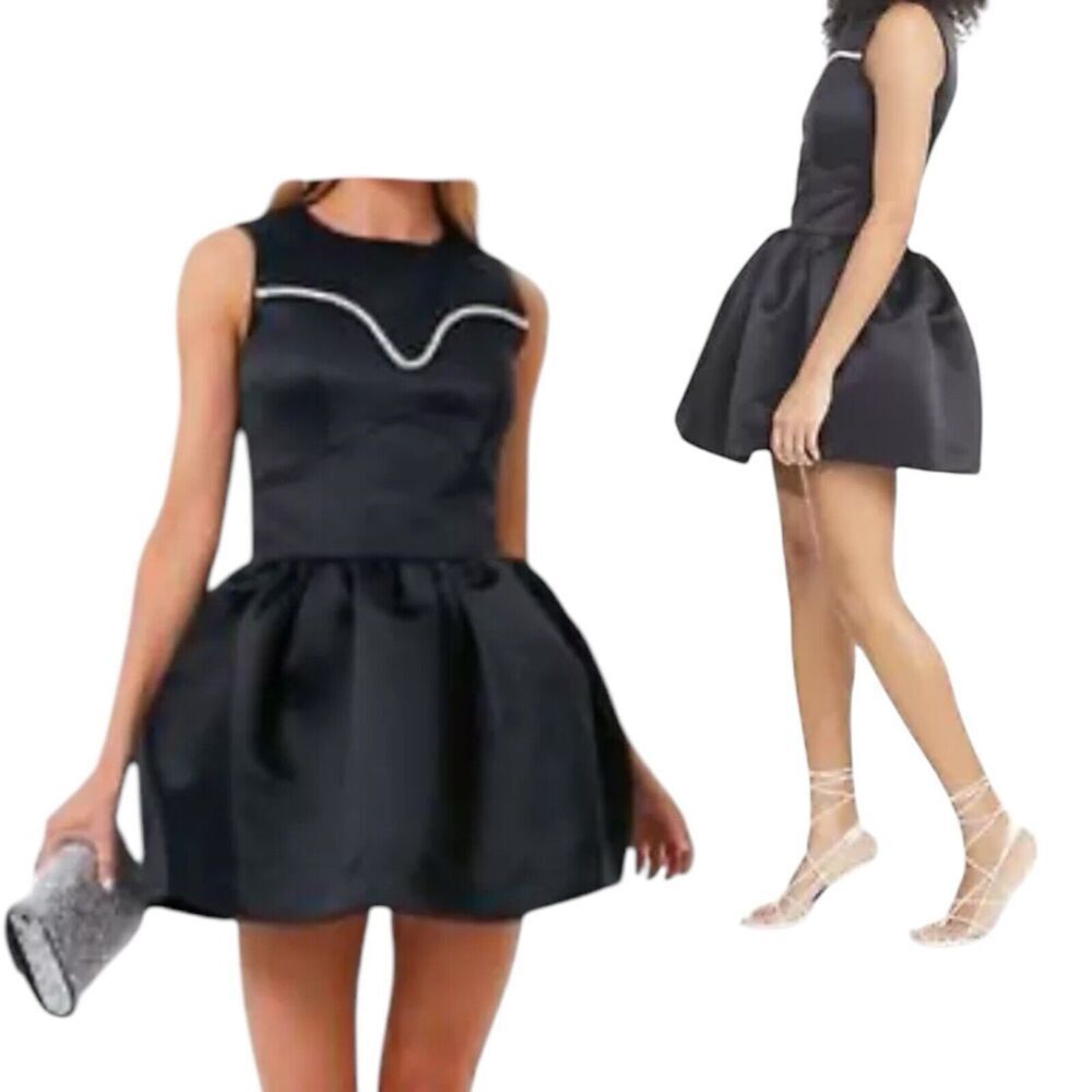 Tanya Taylor Mini Dress 2 Black‎ Satin Tulle High Neck Party Babydoll Festive